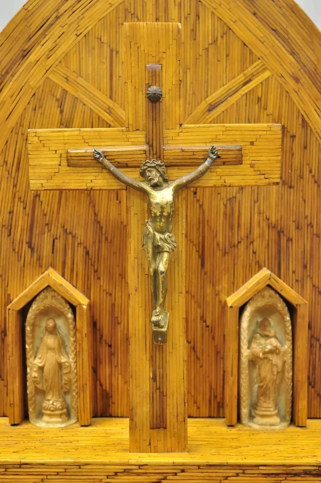Unknown Vintage Folk Art Matchstick Prison Tramp Art Crucifix Jesus Christ Sculpture For Sale