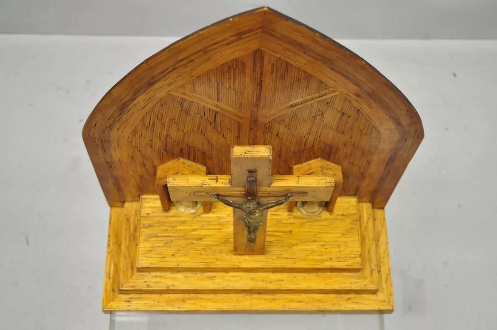 Vintage Folk Art Matchstick Prison Tramp Art Crucifix Jesus Christ Sculpture For Sale 2