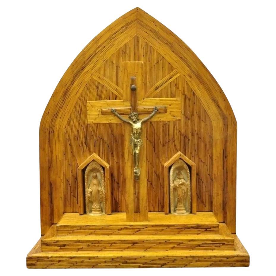 Vintage Folk Art Matchstick Prison Tramp Art Crucifix Jesus Christ Sculpture For Sale