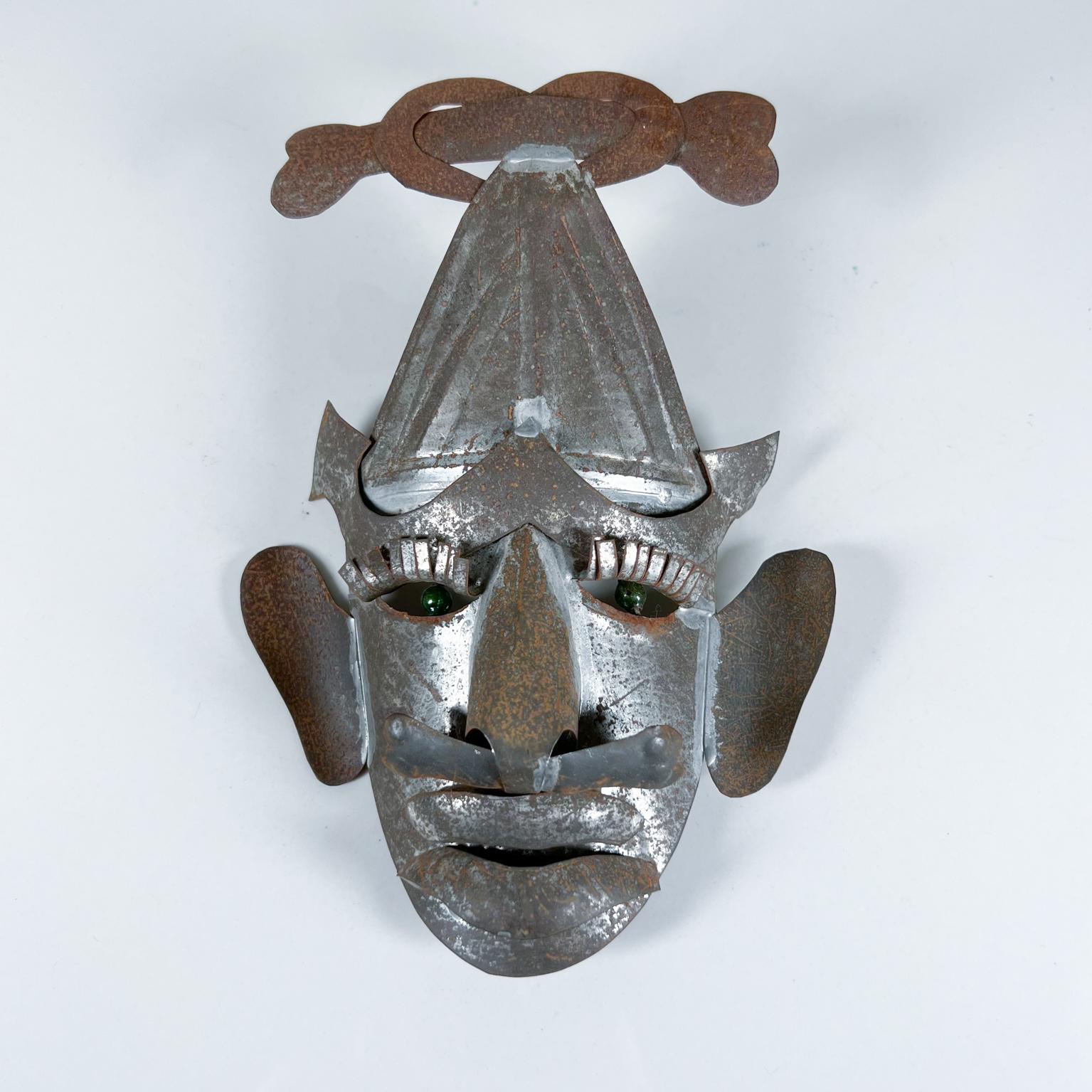 1950s Vintage Mexican Folk Art Metal Tin Mask with Piercing Green Eyes 4