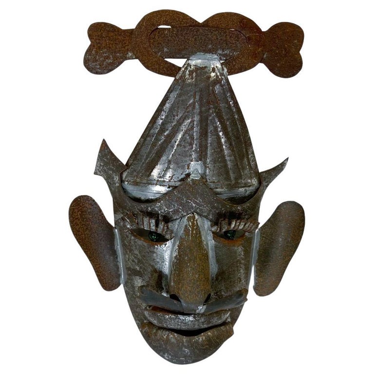 1950s Vintage Mexican Folk Art Metal Tin Mask with Piercing Green Eyes