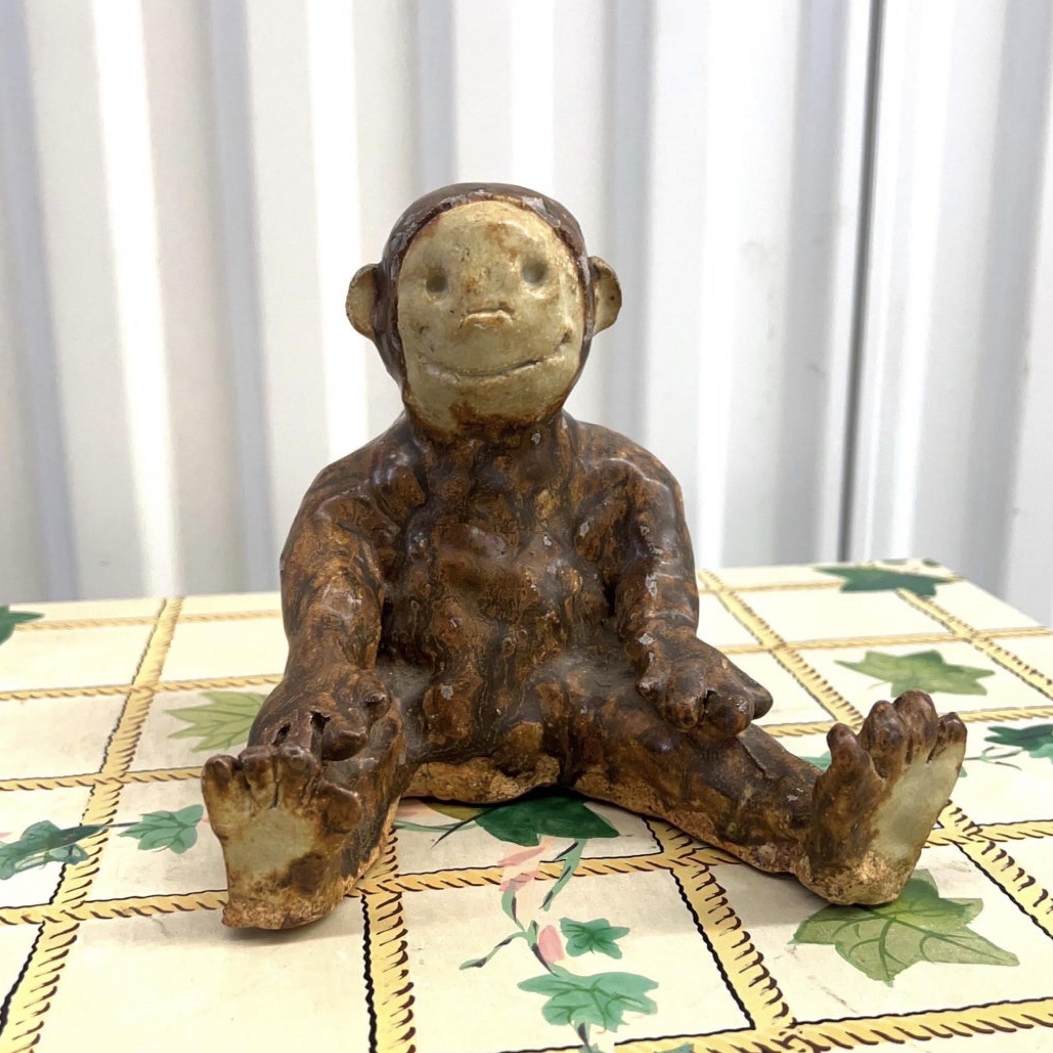 Clay Vintage Folk Art Monkey Sculpture For Sale