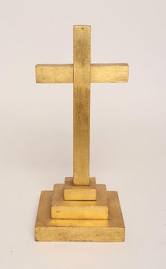 Vintage Folk Art Odd Fellows Lodge Handcarved Gold Altar Cross with Stepped Base