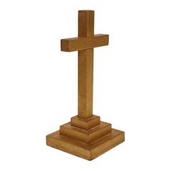 Vintage Folk Art Odd Fellows Lodge Handcarved Gold Altar Cross with Stepped Base
