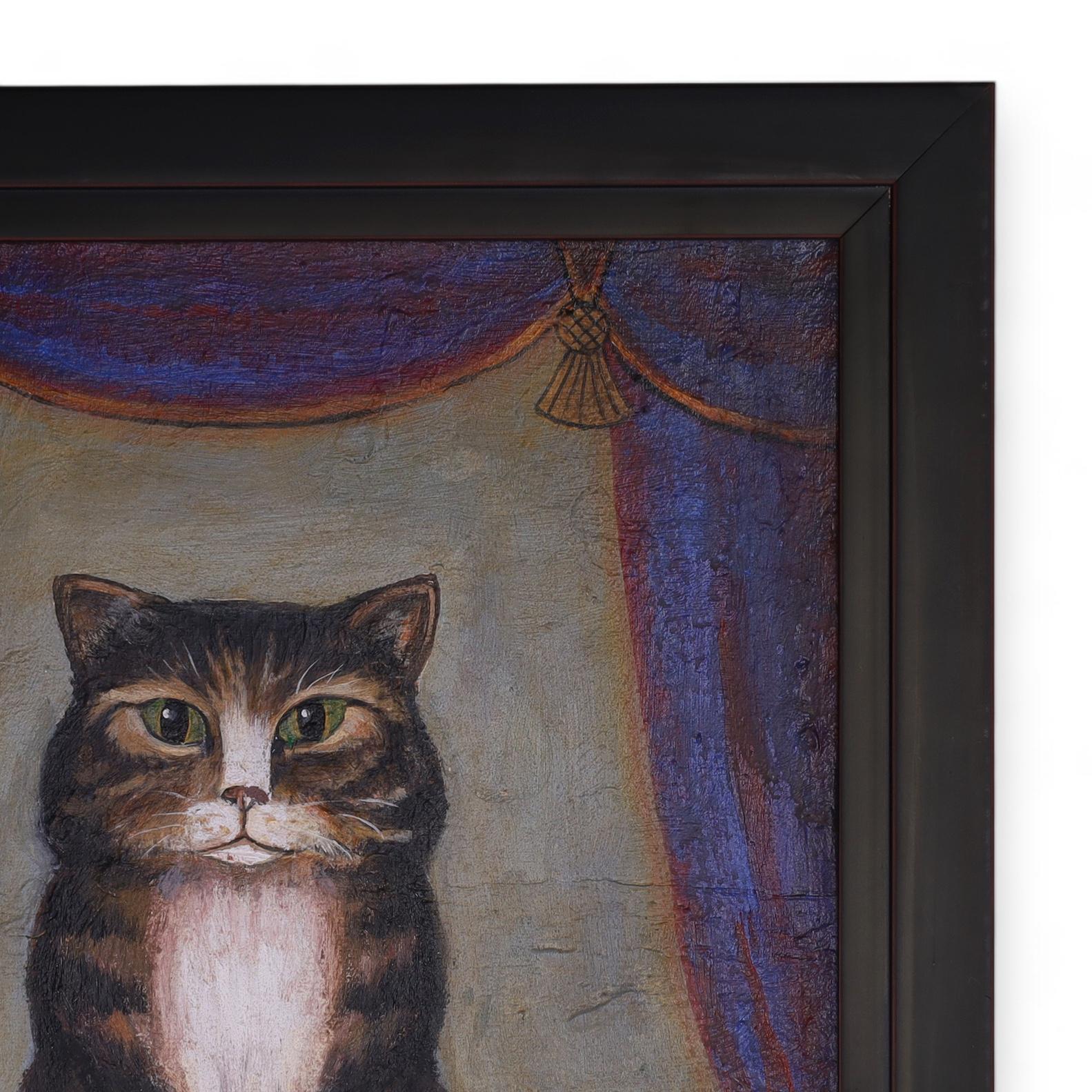 Pintura al óleo de arte popular vintage de un gato Arte popular en venta