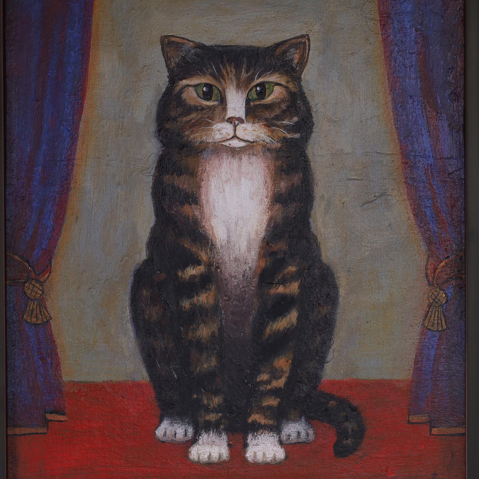 Pintura al óleo de arte popular vintage de un gato Francés en venta