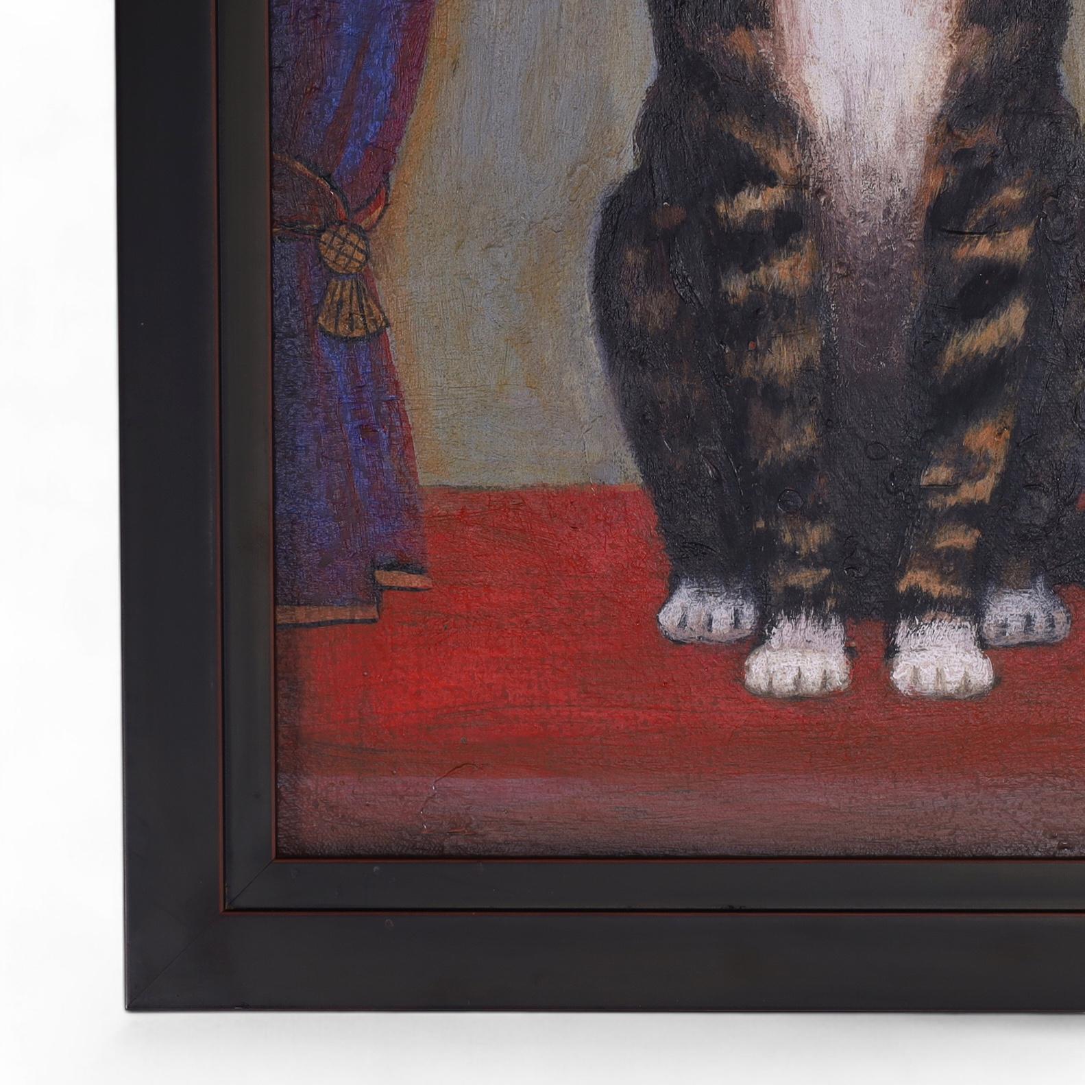 Pintura al óleo de arte popular vintage de un gato Pintado a mano en venta