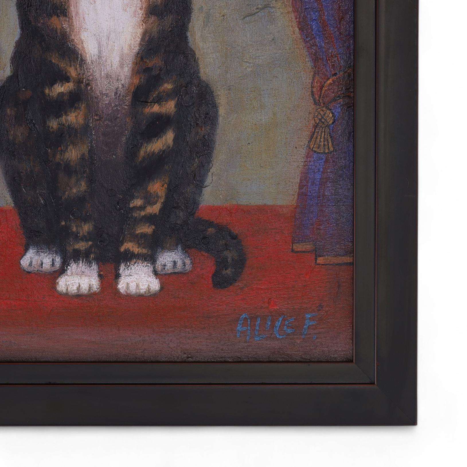 Pintura al óleo de arte popular vintage de un gato en Bueno estado para la venta en Palm Beach, FL