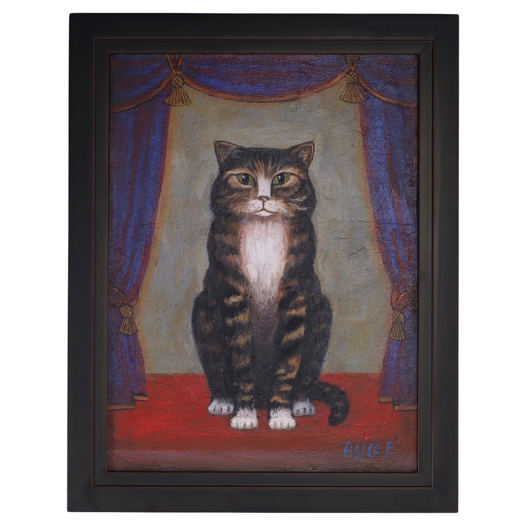 Vintage Volkskunst-Ölgemälde einer Katze, Vintage