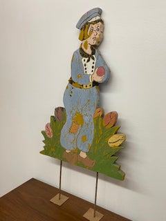 Vintage Folk Art Painted Wood Garden Figure Sculpture on Stand.