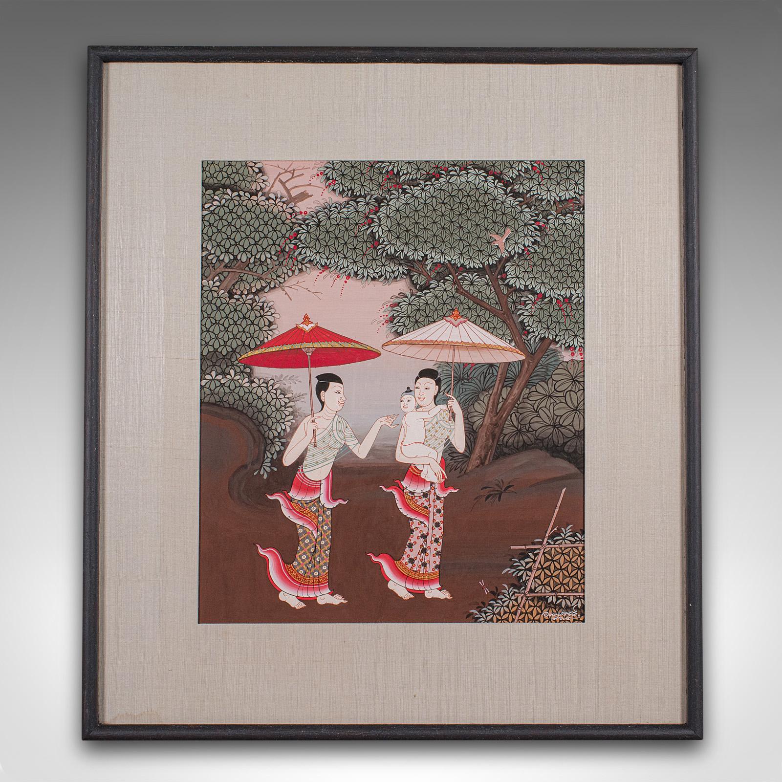 
This is a vintage folk art painting. A Thai school, framed gouache piece with Far Eastern taste, dating to the late 20th century, circa 1980.

Distinctive Thai school art, with fascinating figural interest
Displaying a desirable aged patina and in