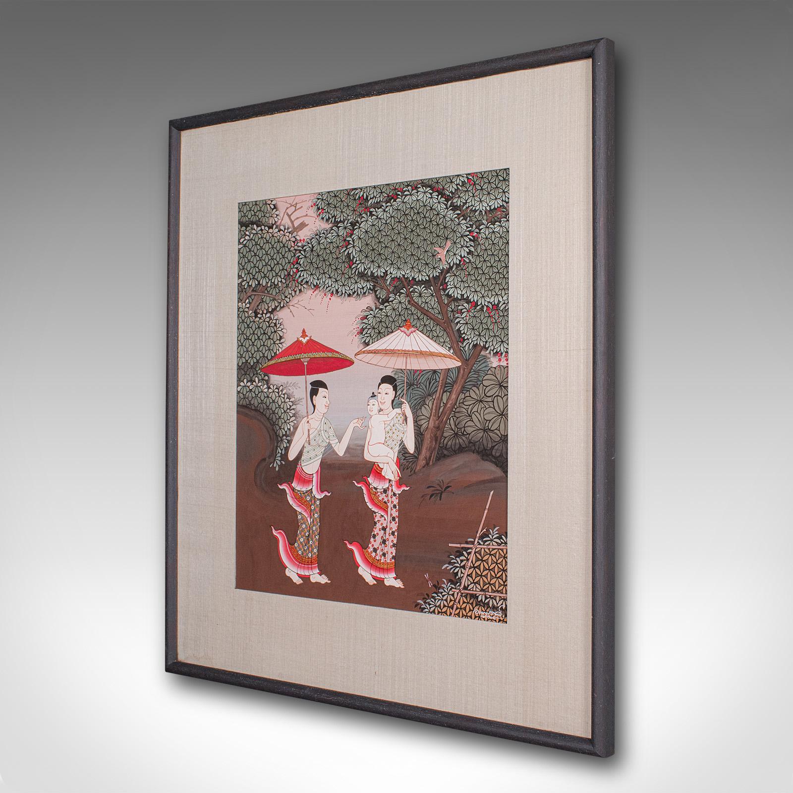 Mid-Century Modern Vintage Folk Art Painting, Thai School, Framed Gouache, Far Eastern Taste, 1980 For Sale
