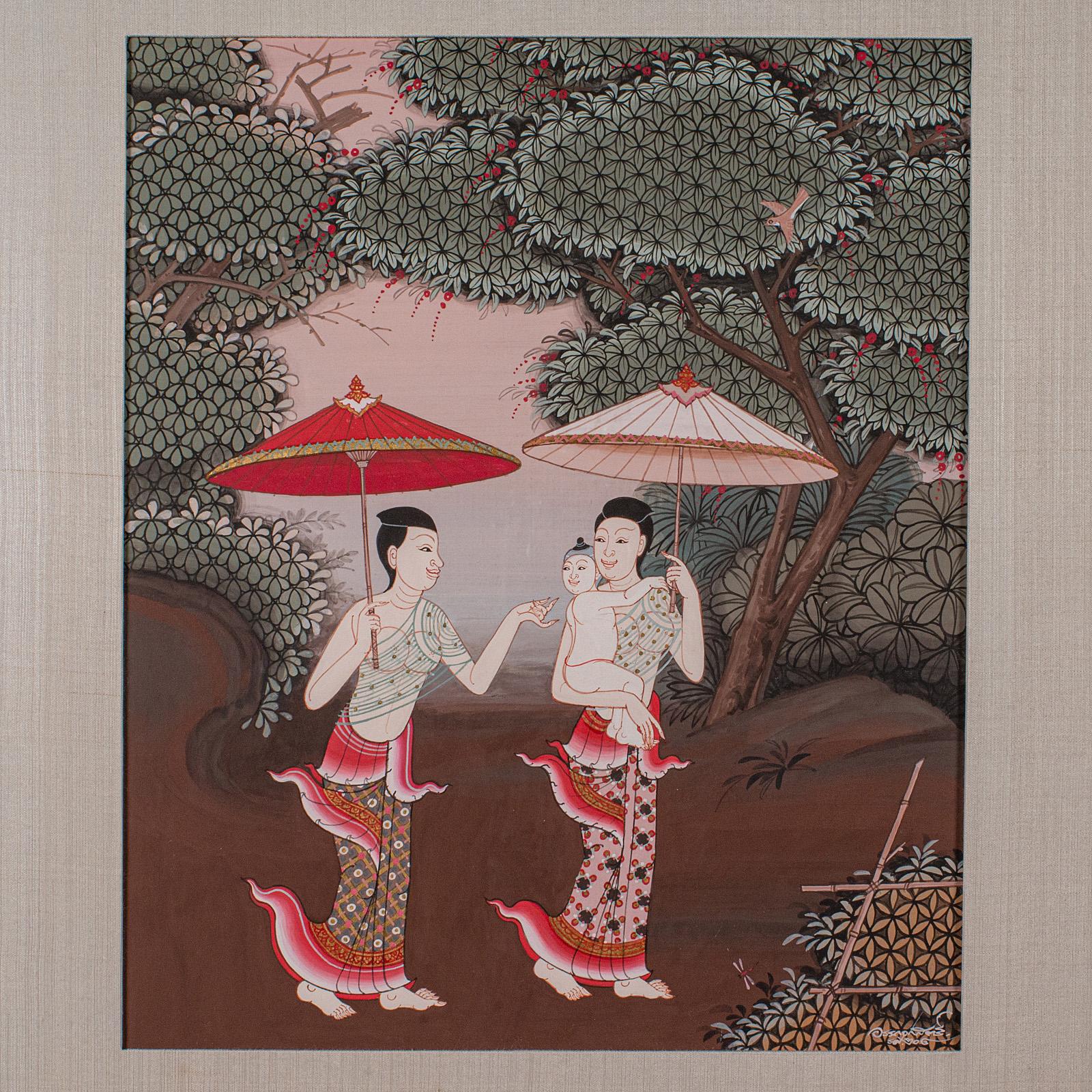 Vintage Folk Art Painting, Thai School, Framed Gouache, Far Eastern Taste, 1980 In Good Condition For Sale In Hele, Devon, GB