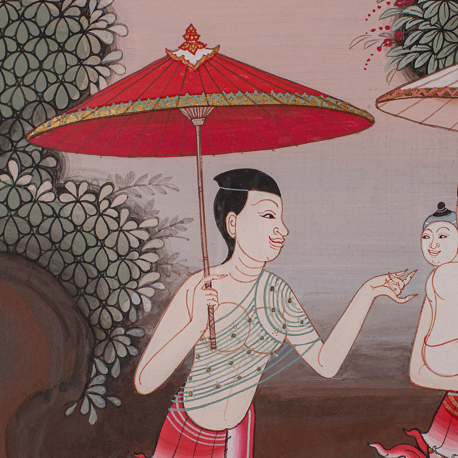 20th Century Vintage Folk Art Painting, Thai School, Framed Gouache, Far Eastern Taste, 1980 For Sale