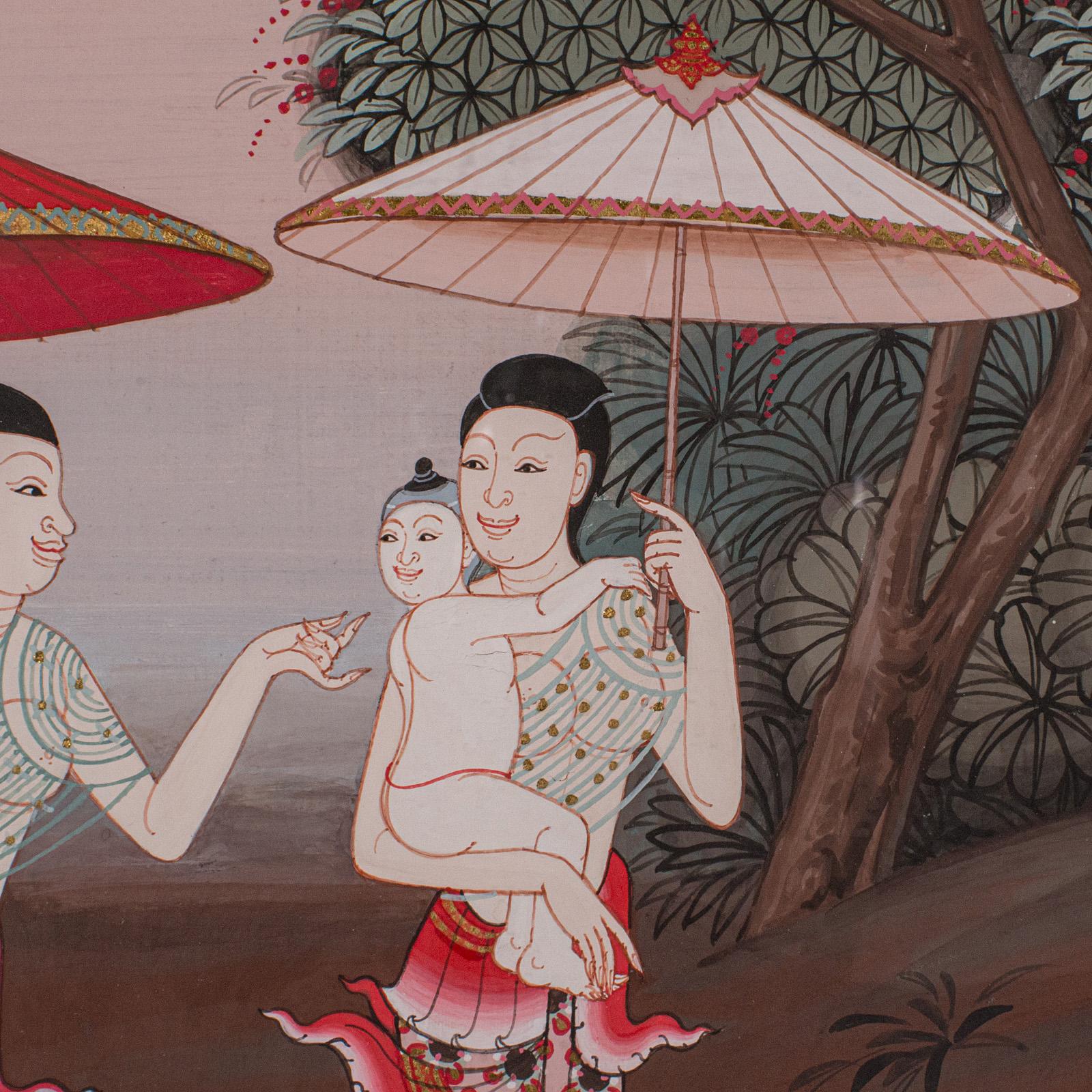 Paper Vintage Folk Art Painting, Thai School, Framed Gouache, Far Eastern Taste, 1980 For Sale