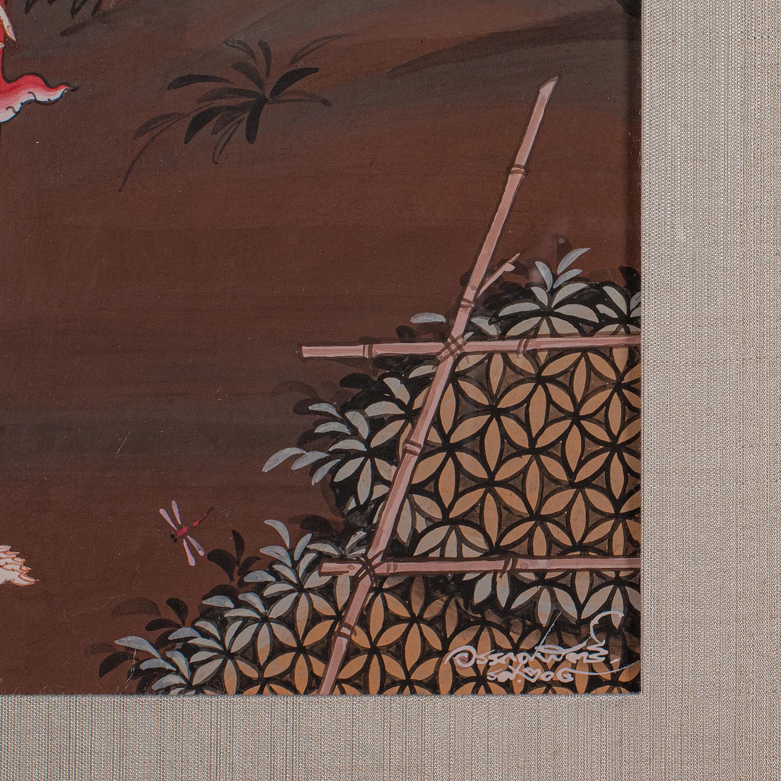 Vintage Folk Art Painting, Thai School, Framed Gouache, Far Eastern Taste, 1980 For Sale 2