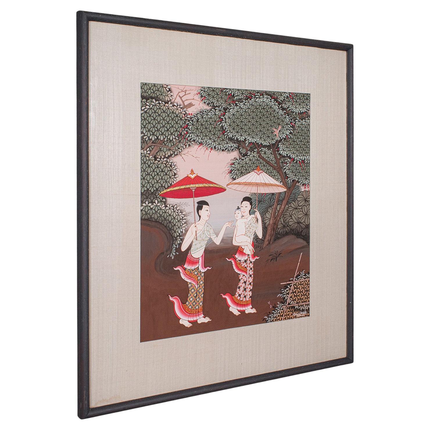 Peinture d'art populaire thaïlandaise vintage, gouache encadrée, goût d'Extrême-Orient, 1980