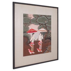 Vintage Folk Art Painting, Thai School, Framed Gouache, Far Eastern Taste, 1980