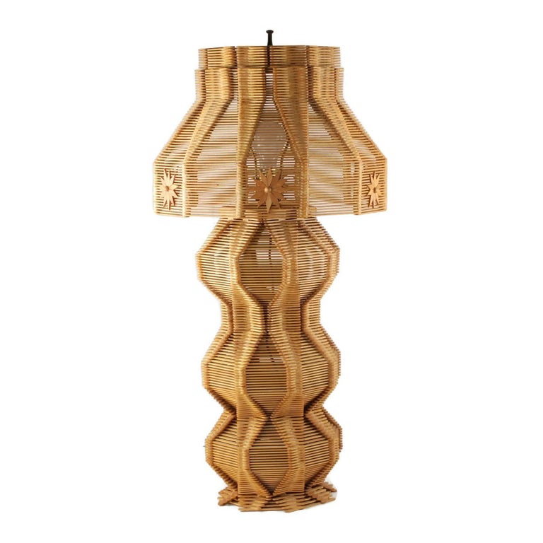 Vintage Folk Art Popsicle Stick Table Lamp with Matched Shade at