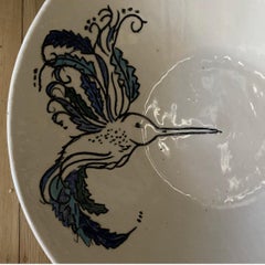 Vintage Folk Art Pottery Fruit Bowl With Hand Painted Bird Decoration