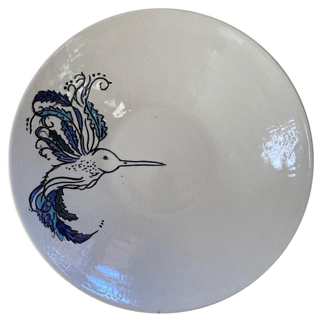 Bol à fruits vintage en poterie d'art populaire avec décoration d'oiseaux peints à la main