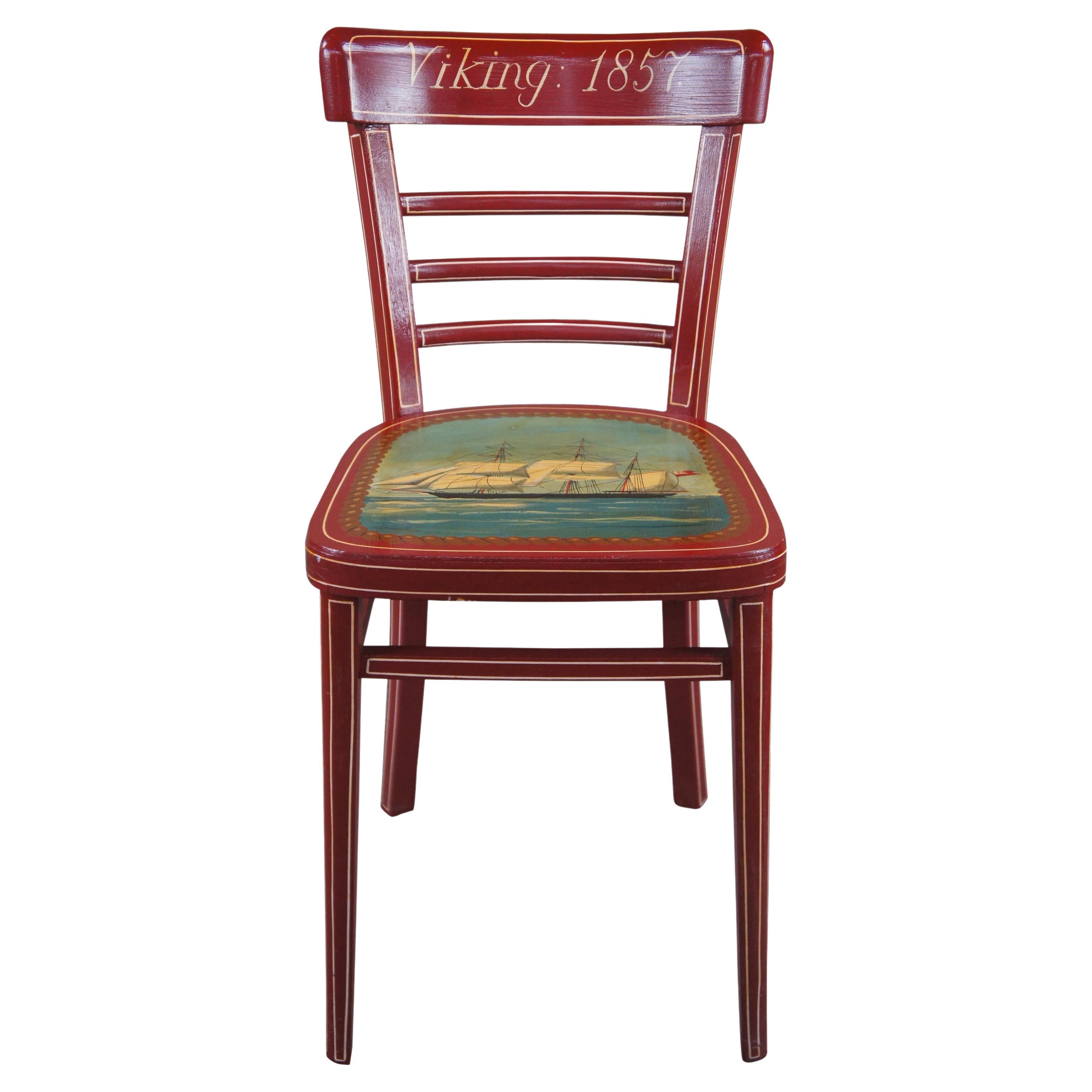Vintage Folk Art Red Nautical Martime Viking Clipper Ship Side Accent Chair For Sale
