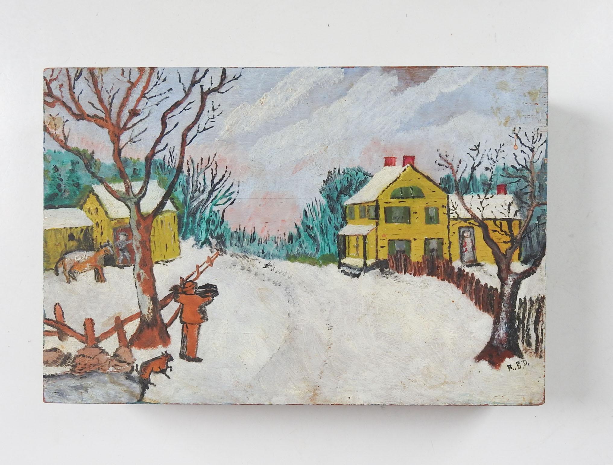 Vintage wood box with folk art painting on lid.  Rustic farm scene in winter with cow, dog and farmer.  Signed RBD lower right corner, bluish paint wash arount edges, hook latches on both sides, penciled illegible name on bottom.  Scuffing to box,