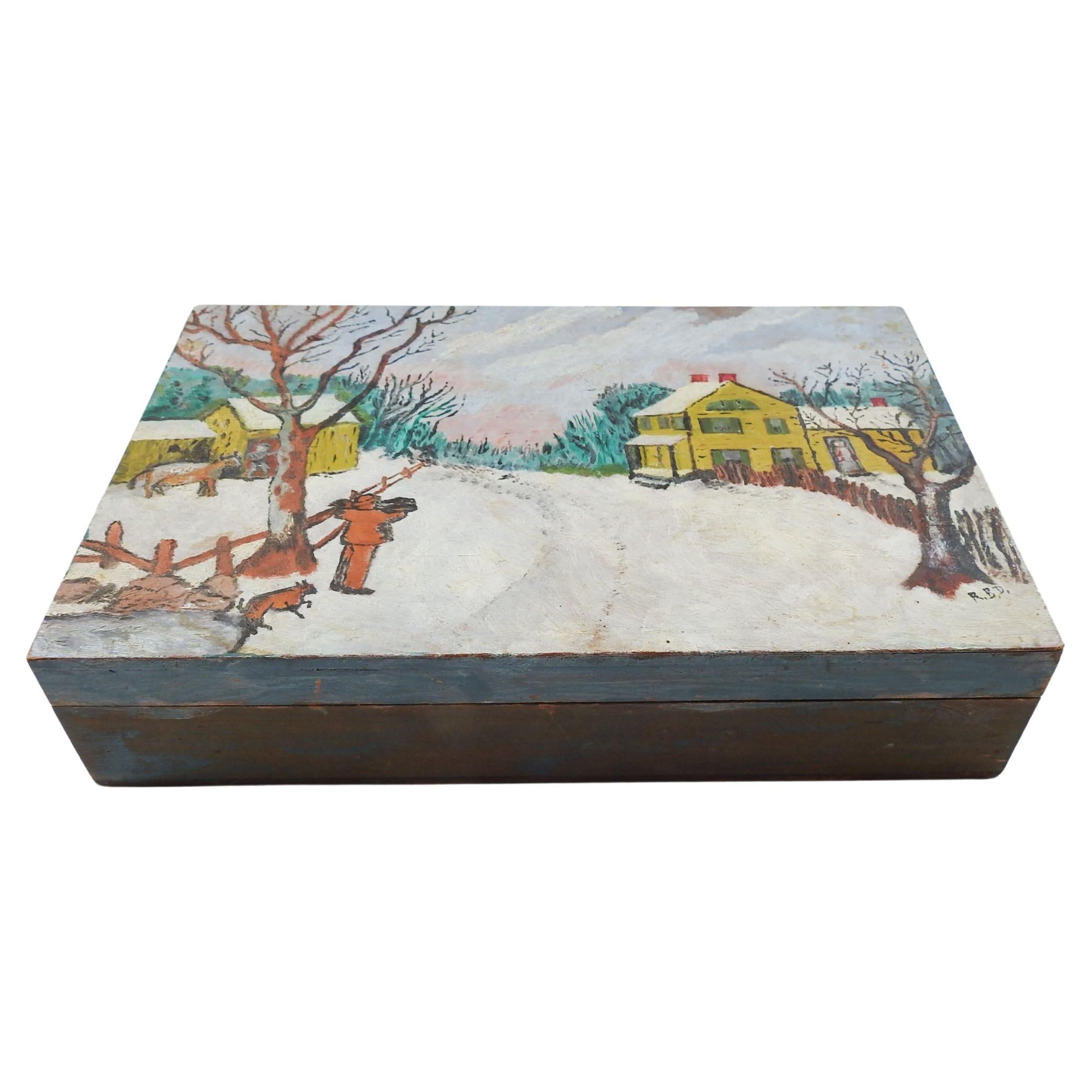 Vintage Folk Art Rustic Winter Farm Scene Painting on Box