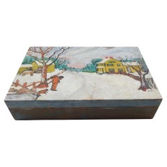 Vintage Folk Art Rustic Winter Farm Scene Painting on Box