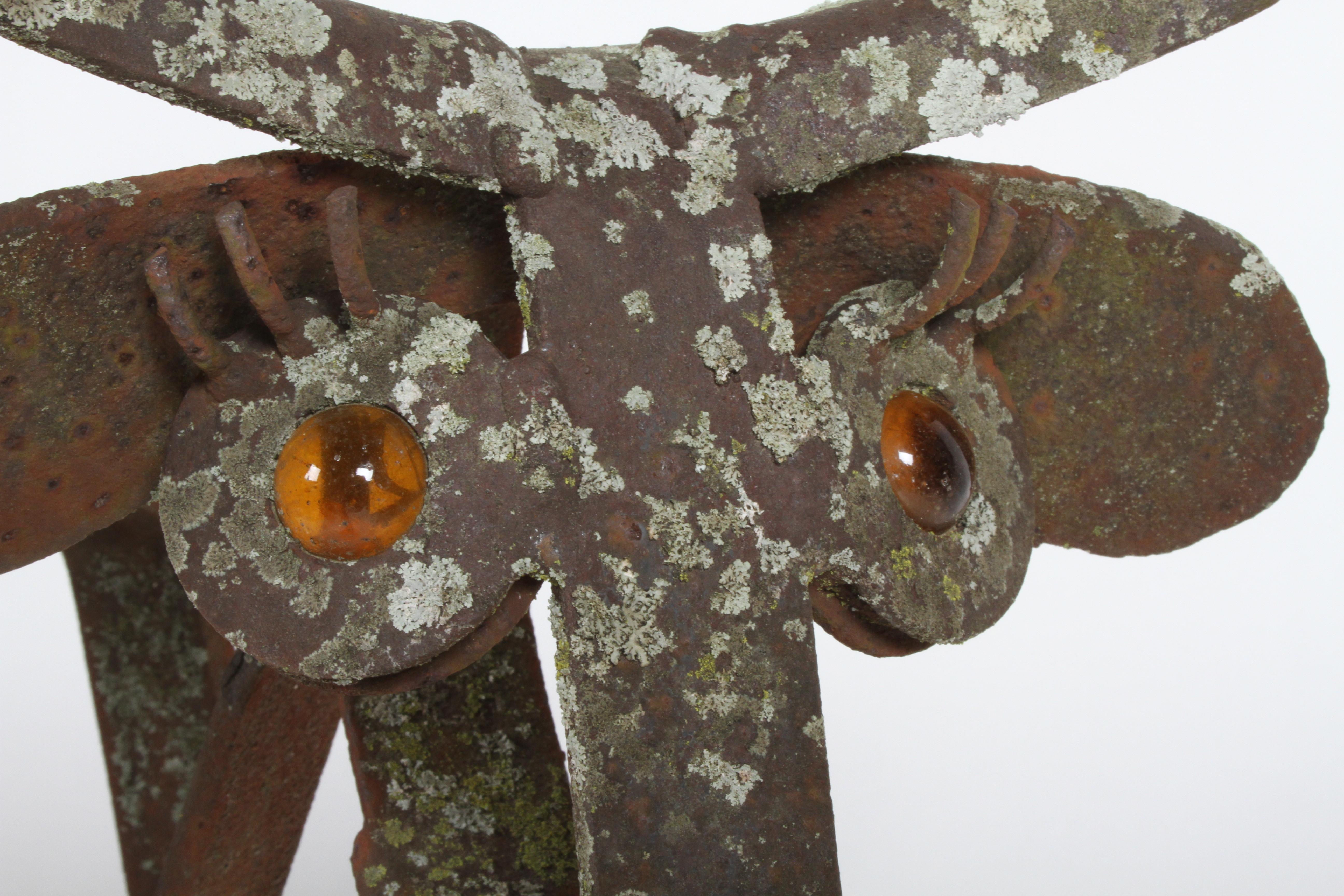 Vintage Folk Art Rusty Steel Garden Kinetic Sculpture of Bull Amber Glass Eyes 5