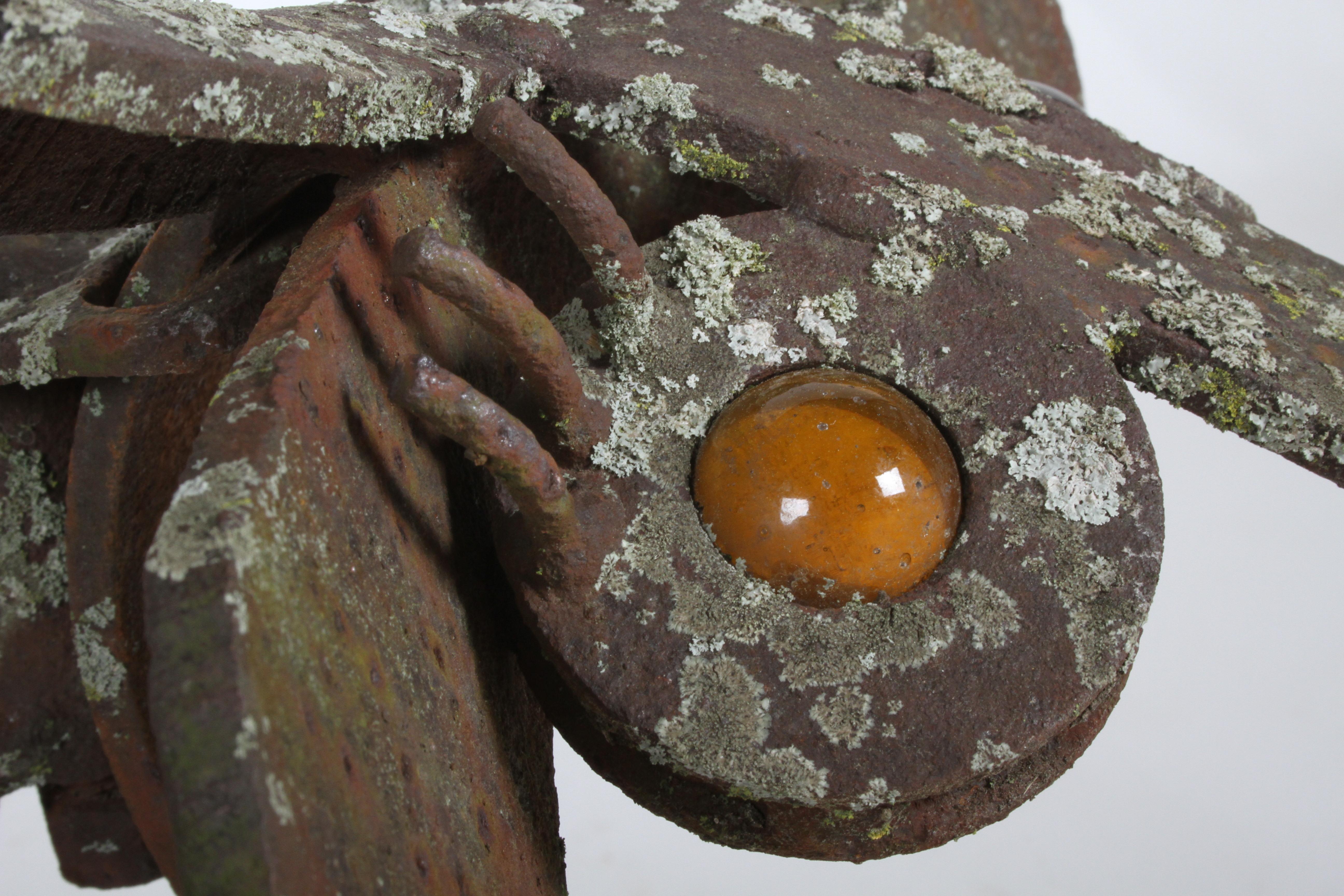 Vintage Folk Art Rusty Steel Garden Kinetic Sculpture of Bull Amber Glass Eyes 14