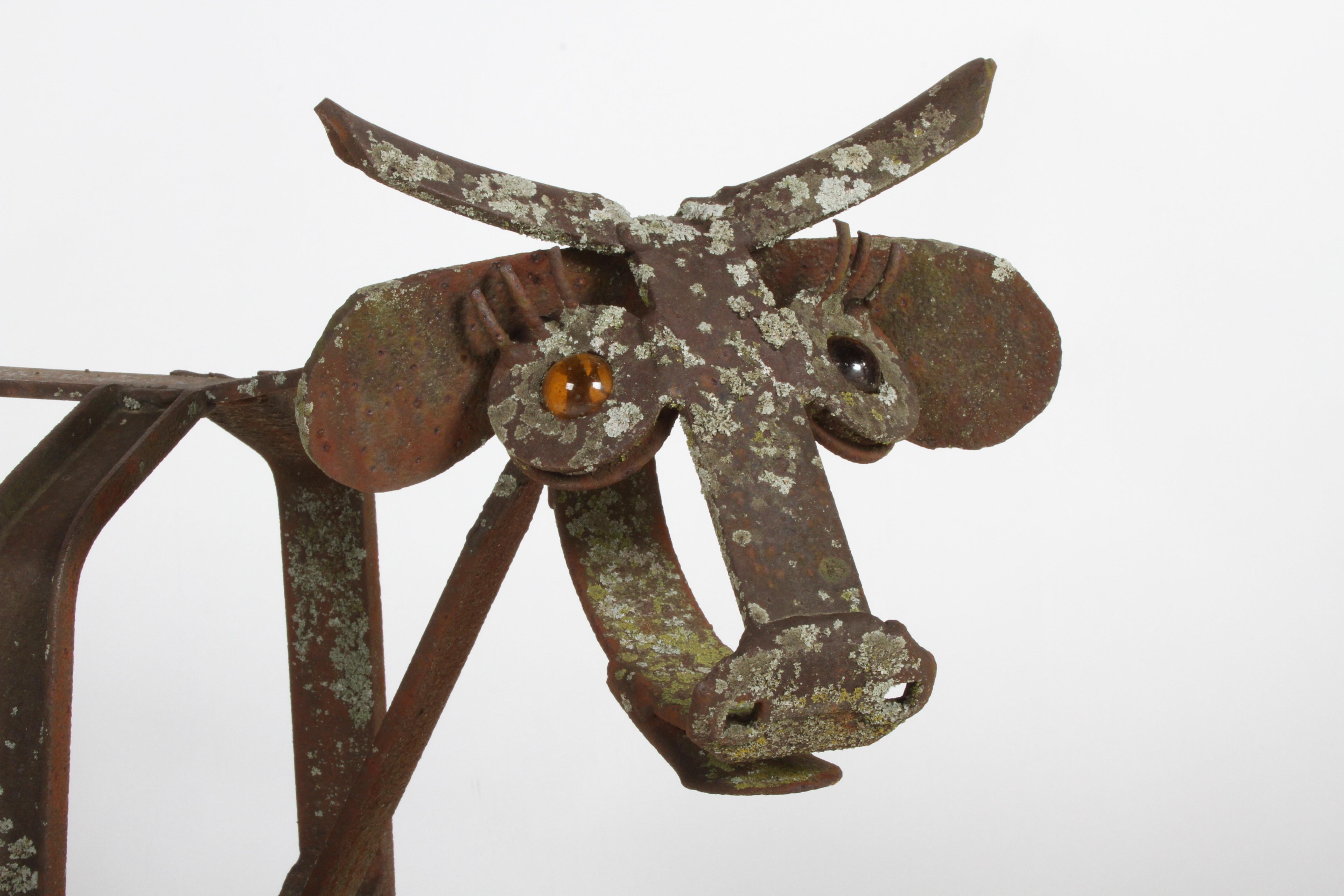 American Vintage Folk Art Rusty Steel Garden Kinetic Sculpture of Bull Amber Glass Eyes