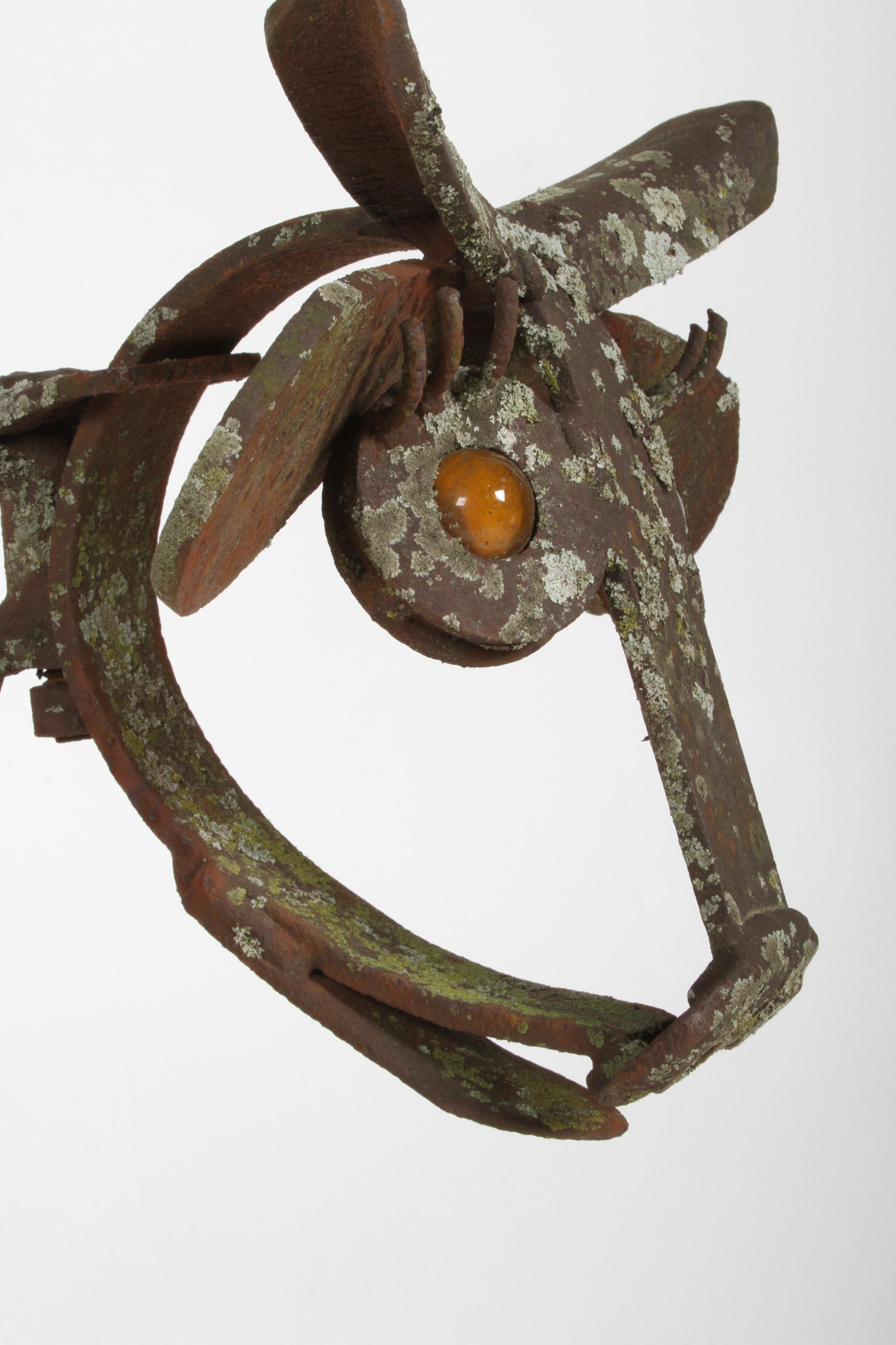 Vintage Folk Art Rusty Steel Garden Kinetic Sculpture of Bull Amber Glass Eyes 4