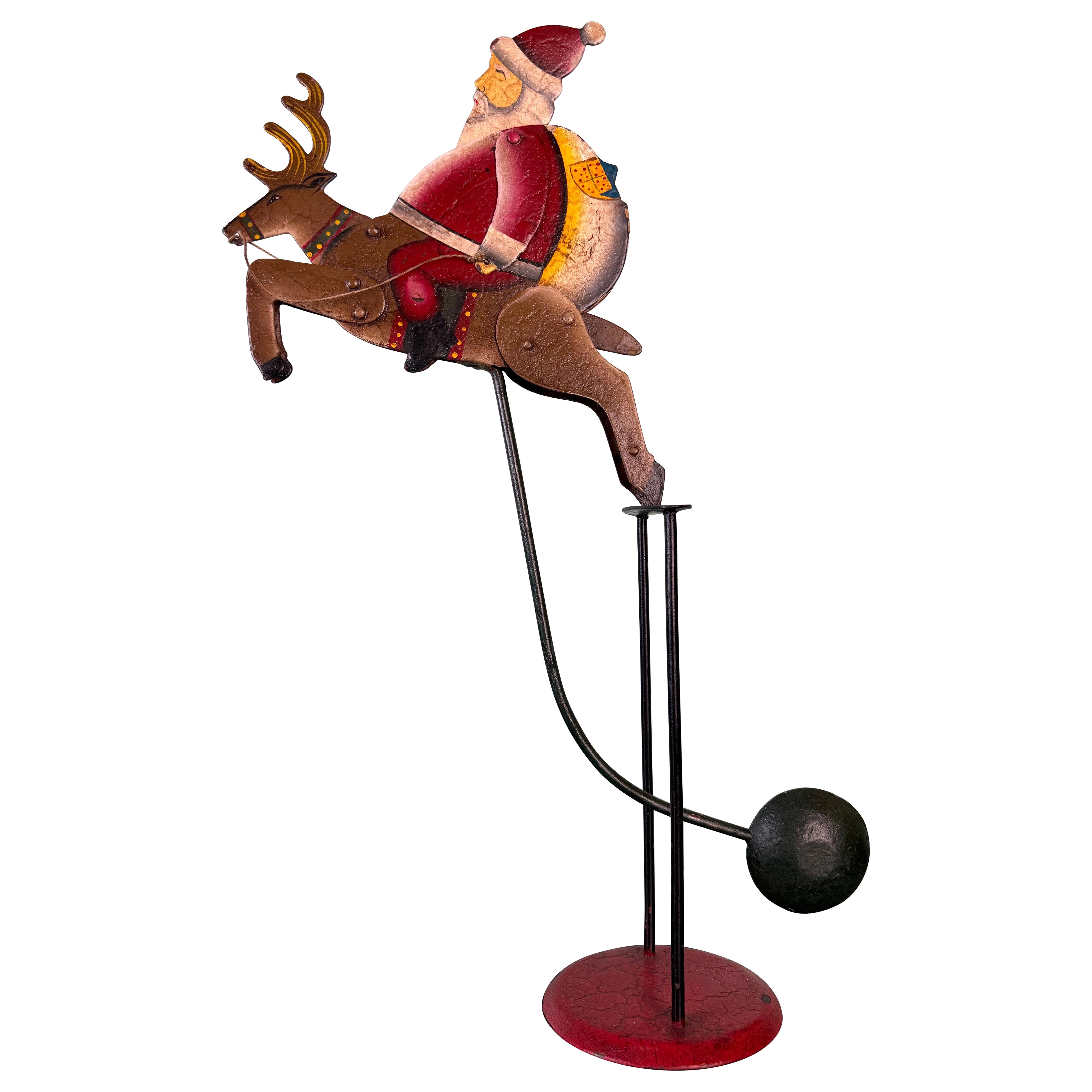 Vintage Folk Art Santa Claus on Reindeer Balancing Kinetic Sculptured