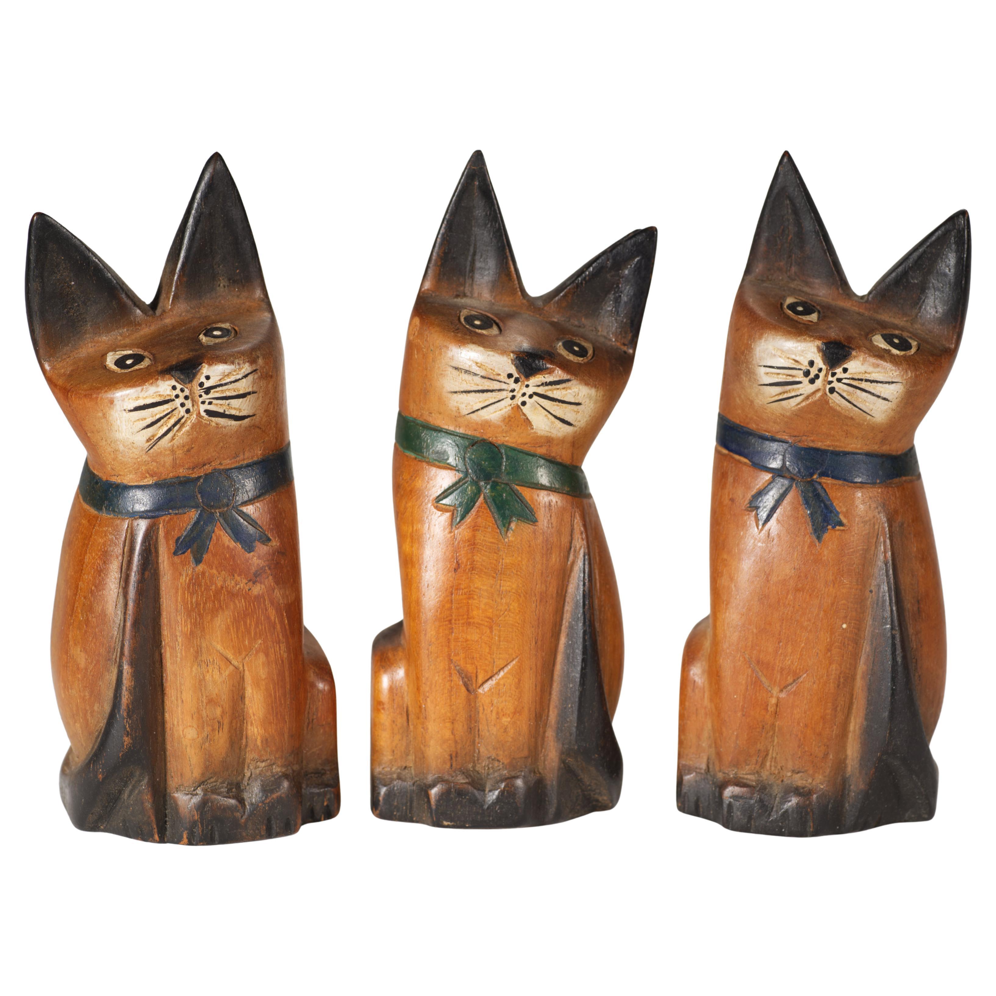 Vintage Folk Art Set of 3 Carved Sitting Cat Sculptures