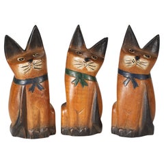 Vintage Folk Art Set of 3 Carved Sitting Cat Sculptures