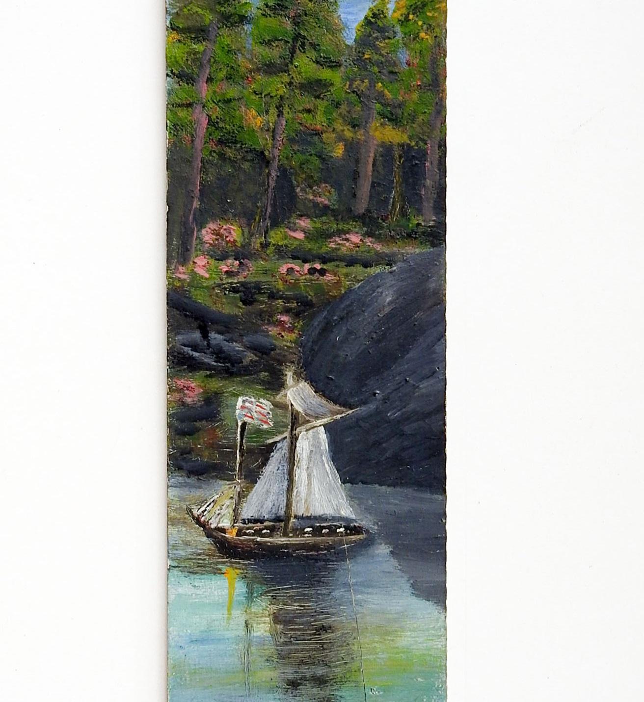 Antique circa 1915 oil on wood board folk art river scene with ship flying American flag painting, wood is from an old tobacco crate. Unsigned. Unframed, edge wear.