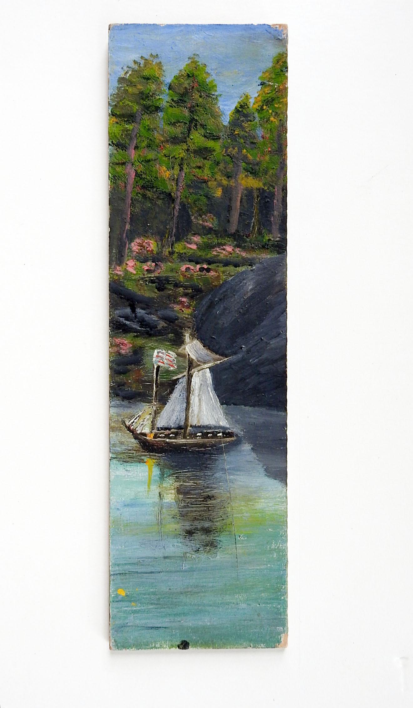 Américain Peinture vintage d'art populaire vintage - Paysage de bateau sur rivière - Long format en vente