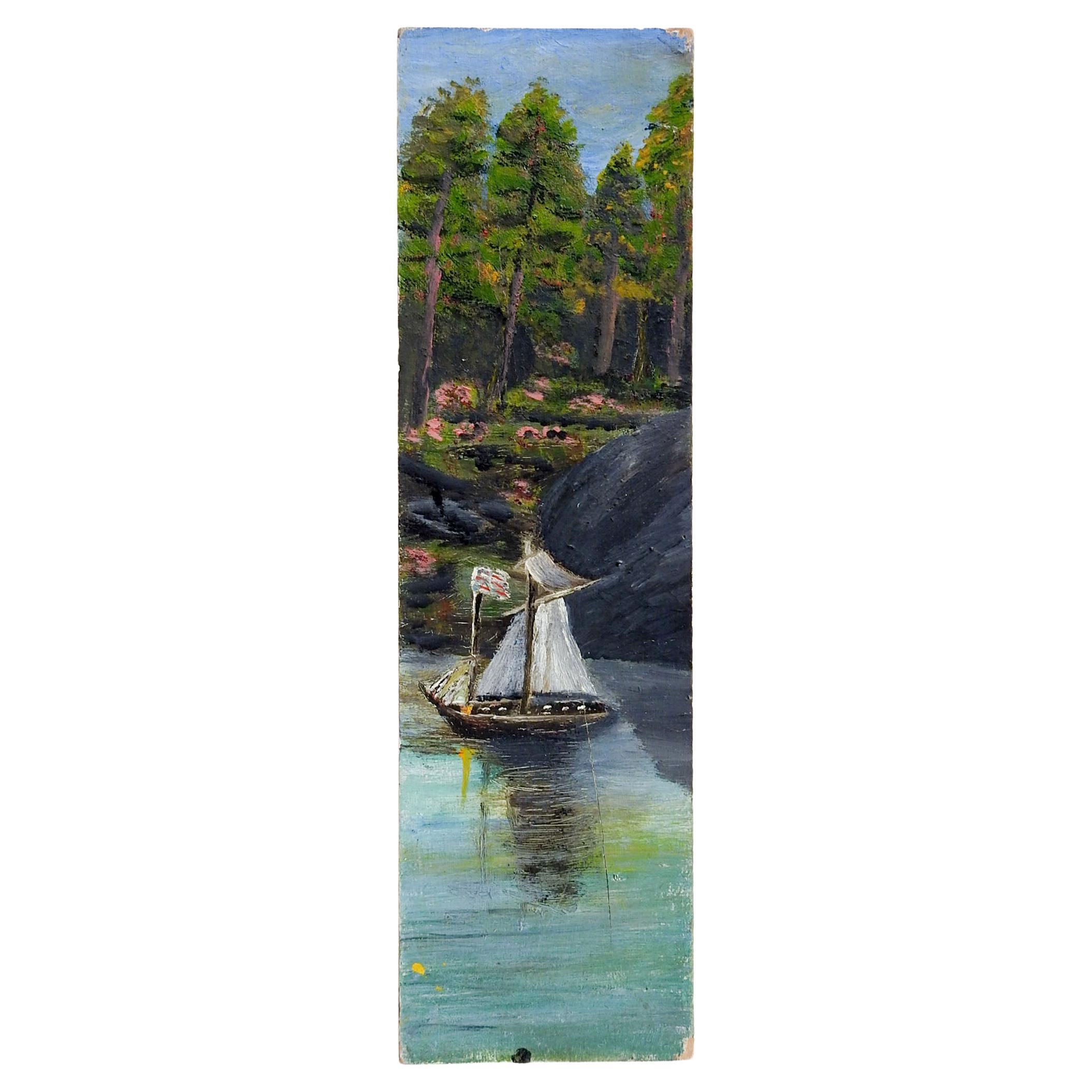 Langformatiges Vintage-Gemälde, Volkskunstschiff auf Fluss, Landschaft im Angebot