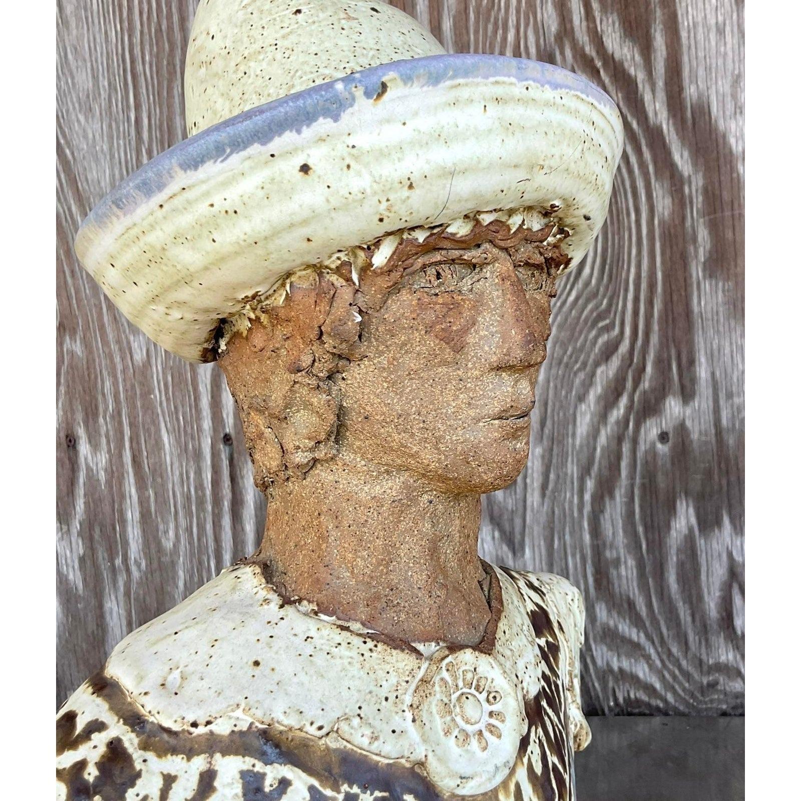 American Vintage Folk Art Slab Built Clay Bust of Man For Sale