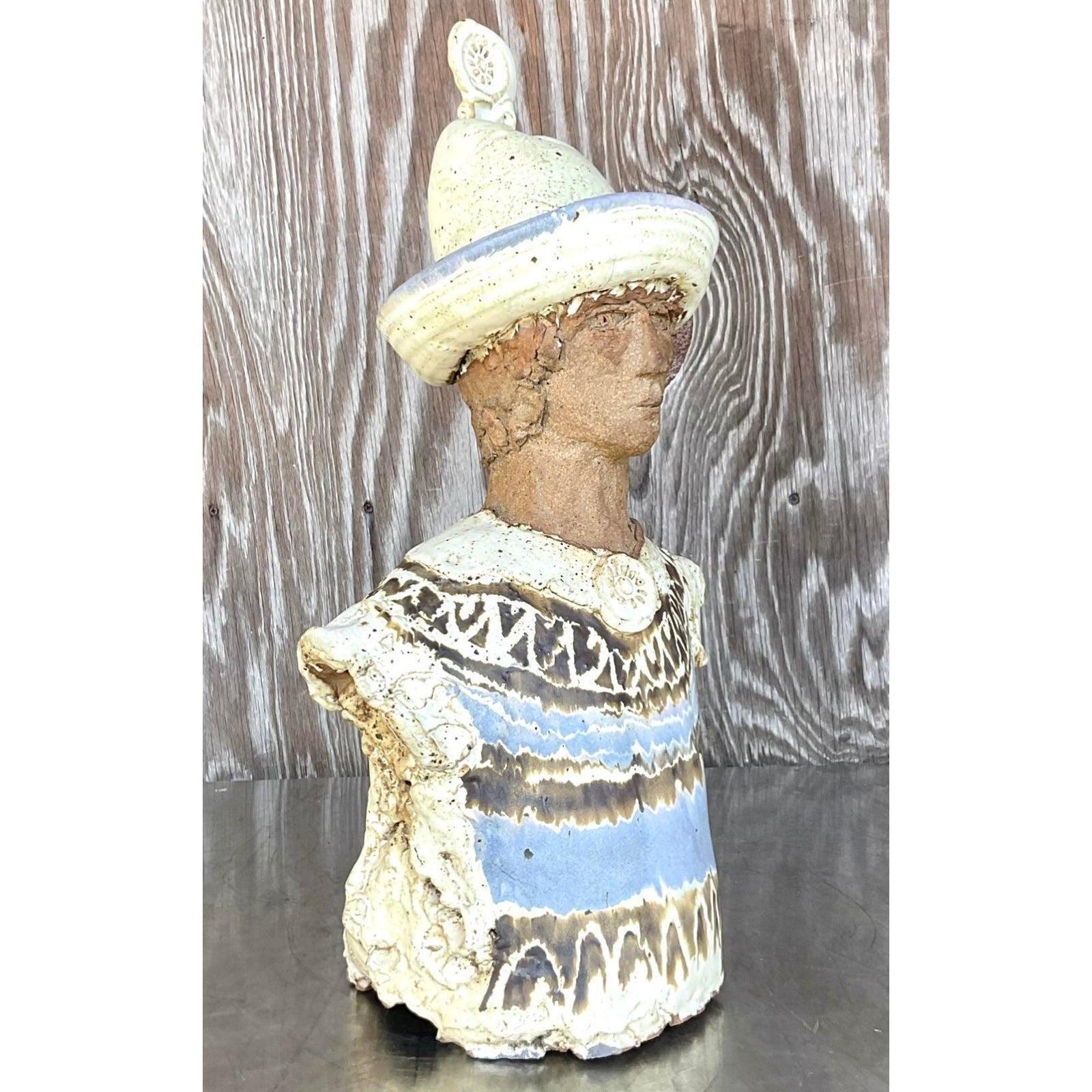 Vintage Folk Art Slab Built Clay Bust of Man In Good Condition For Sale In west palm beach, FL