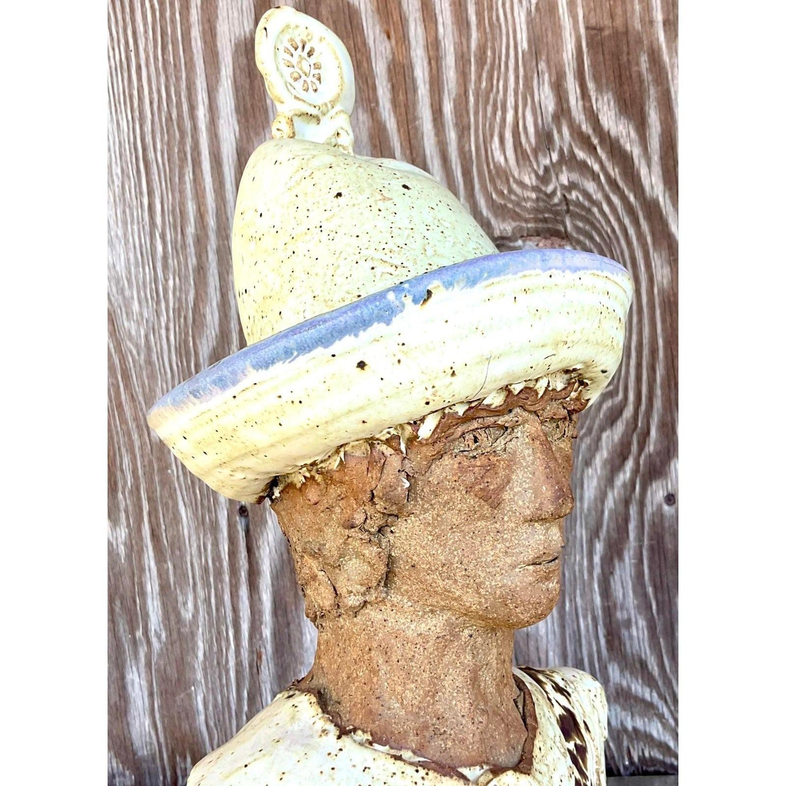 Vintage Folk Art Slab Built Clay Bust of Man For Sale 2