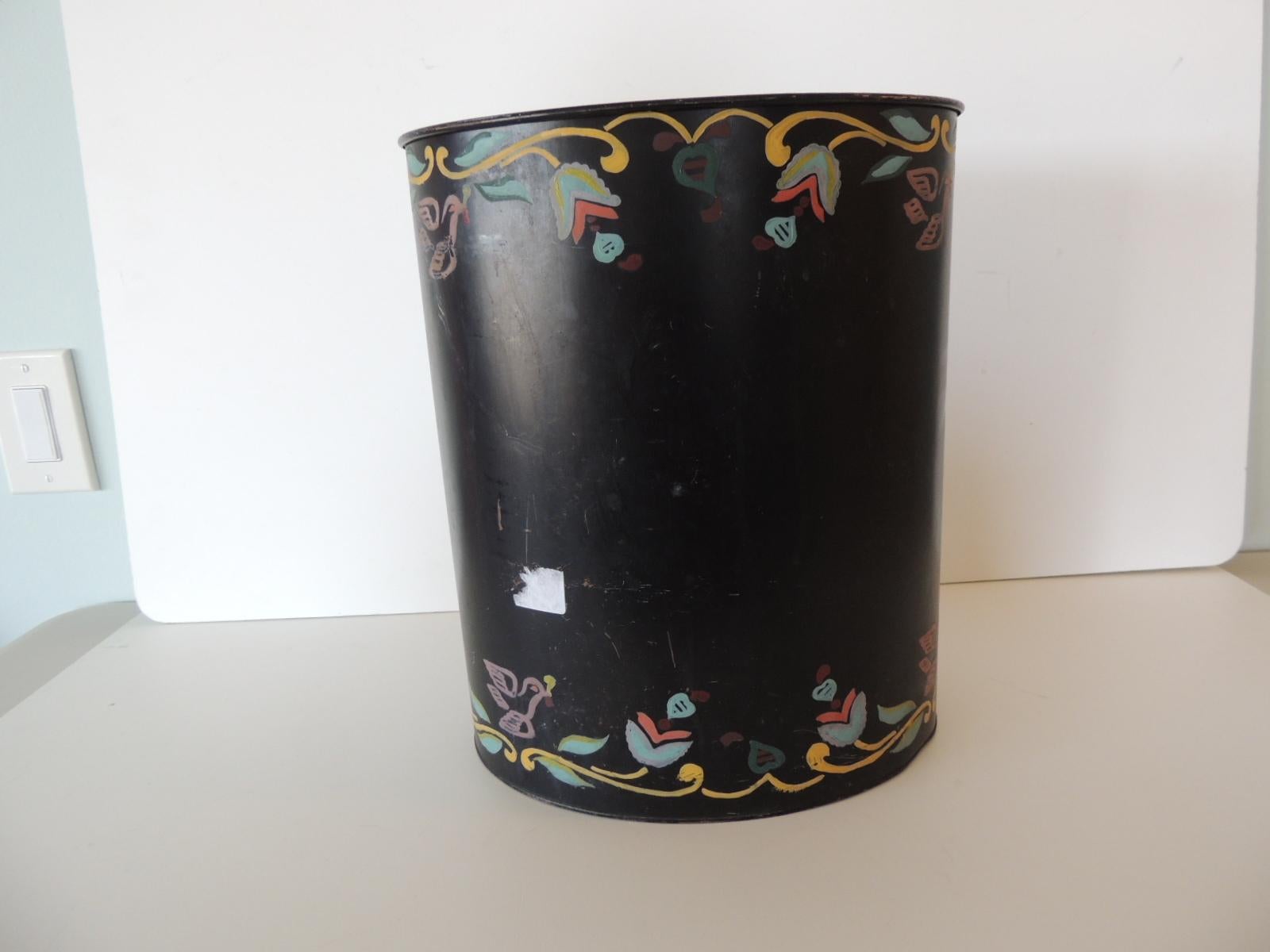 Arts and Crafts Vintage Folk Art Style Painted Tin Oval Wastebasket