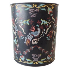 Vintage Folk Art Style Painted Tin Oval Wastebasket