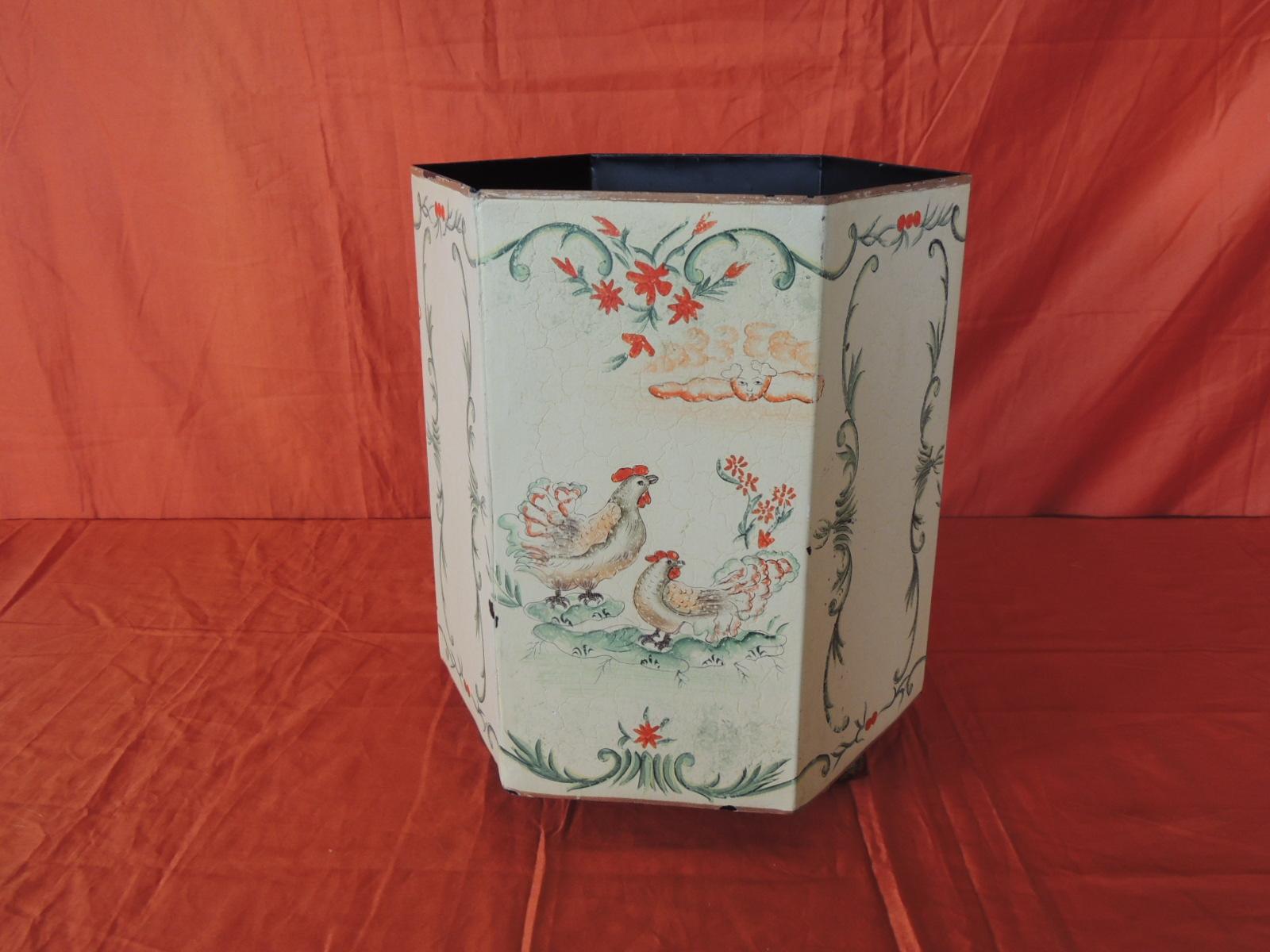 European Vintage Folk Art Style Tole Waste Paper Basket