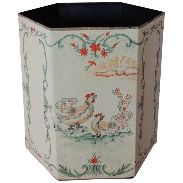 Vintage Folk Art Style Tole Waste Paper Basket at 1stDibs