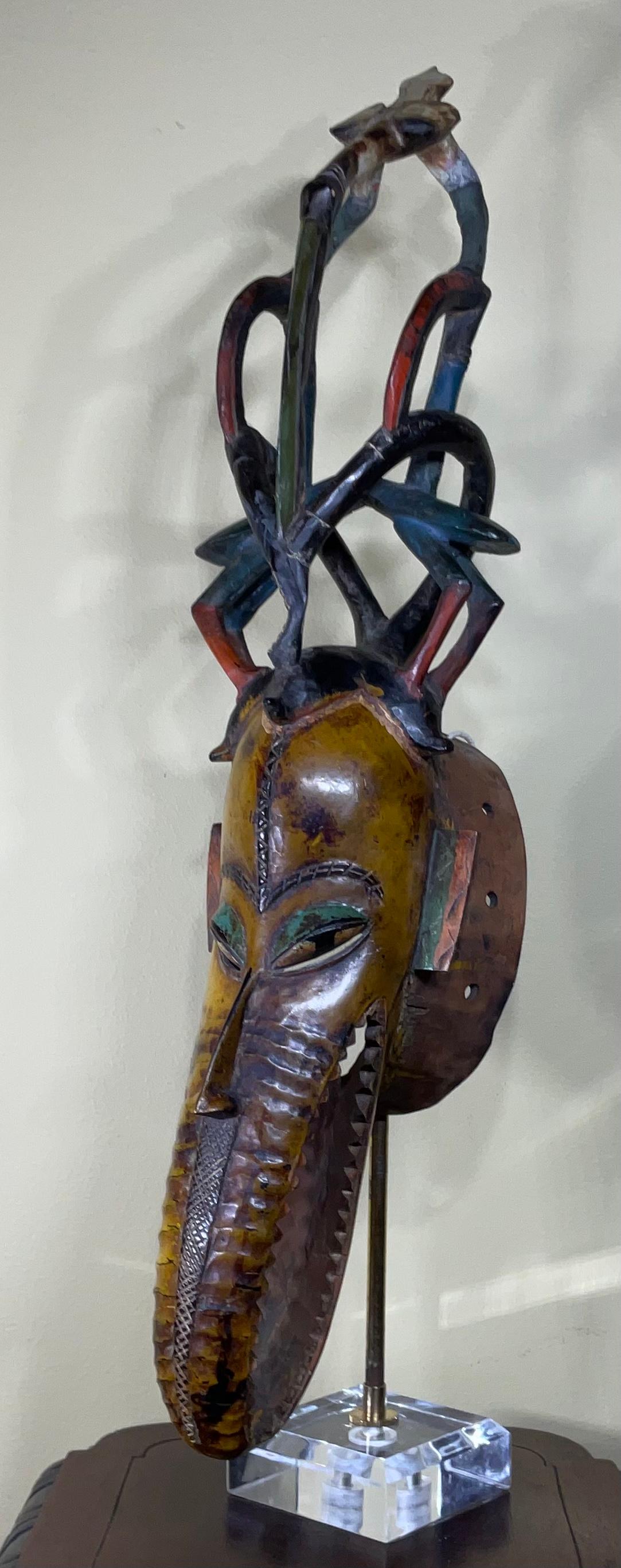 Exceptional artistically hand carved wood mask hand painted made of single piece of wood and was made for decorative purpose. Very intriguing and mysterious face.
The mask in mounted on custom made lucite base.
Size without base is: 6”wide x 7”