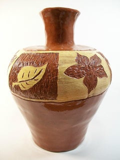Vase artisanal vintage en terre cuite Sgraffito & Slipware, non signé, 20ème siècle