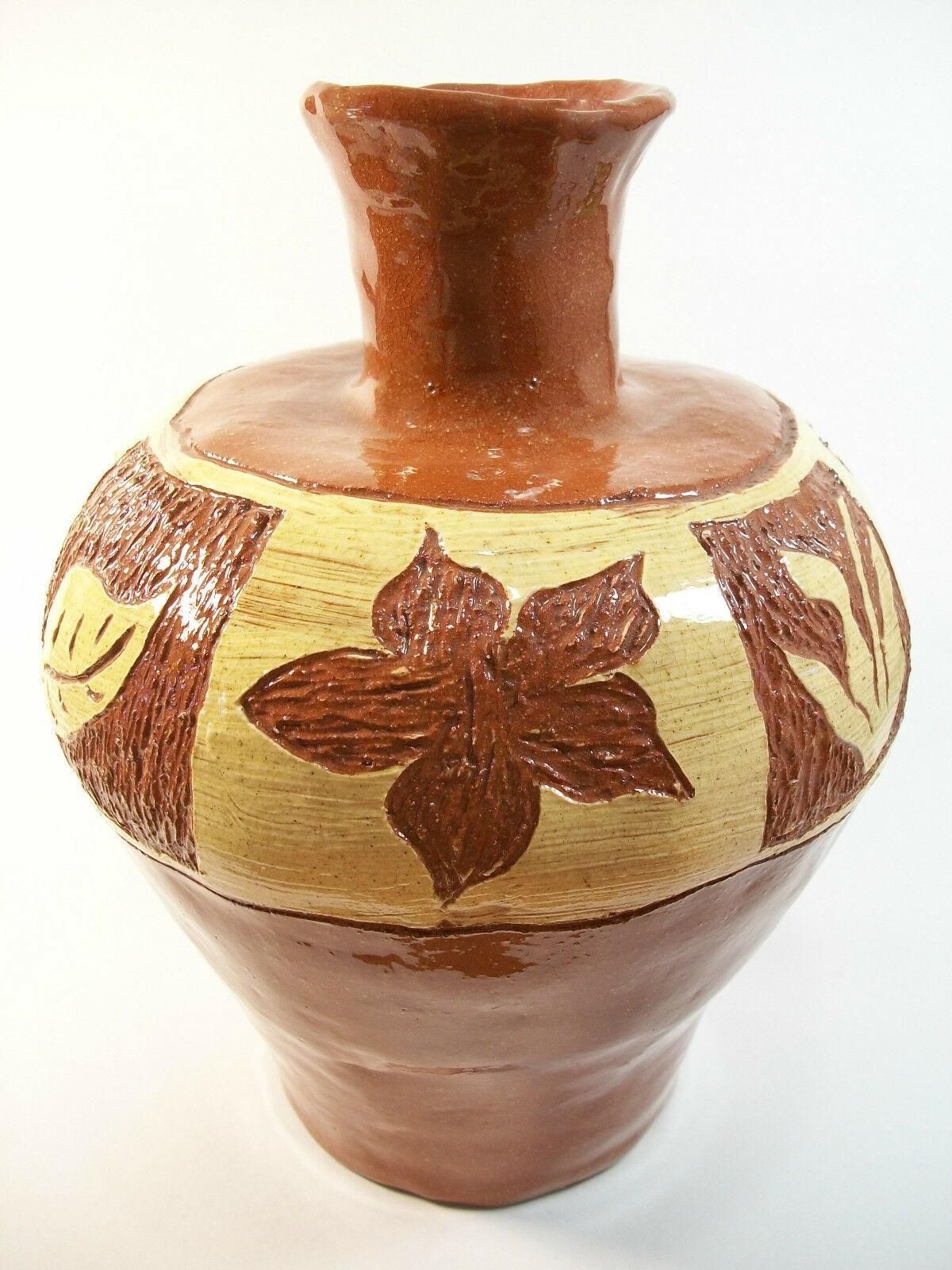 Unknown Vintage Folk Art Terracotta Sgraffito & Slipware Vase, Unsigned, 20th Century For Sale