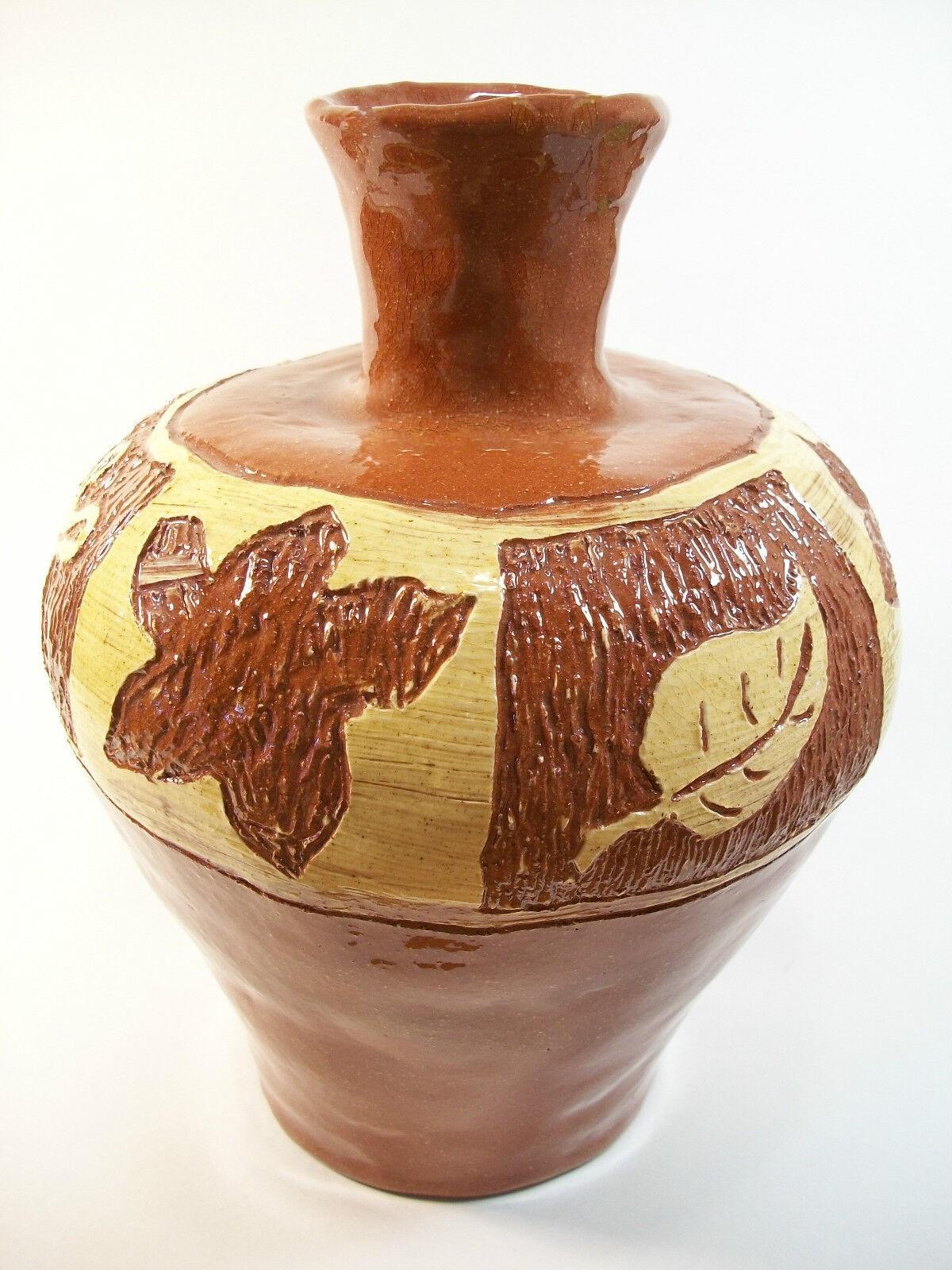 Glazed Vintage Folk Art Terracotta Sgraffito & Slipware Vase, Unsigned, 20th Century For Sale